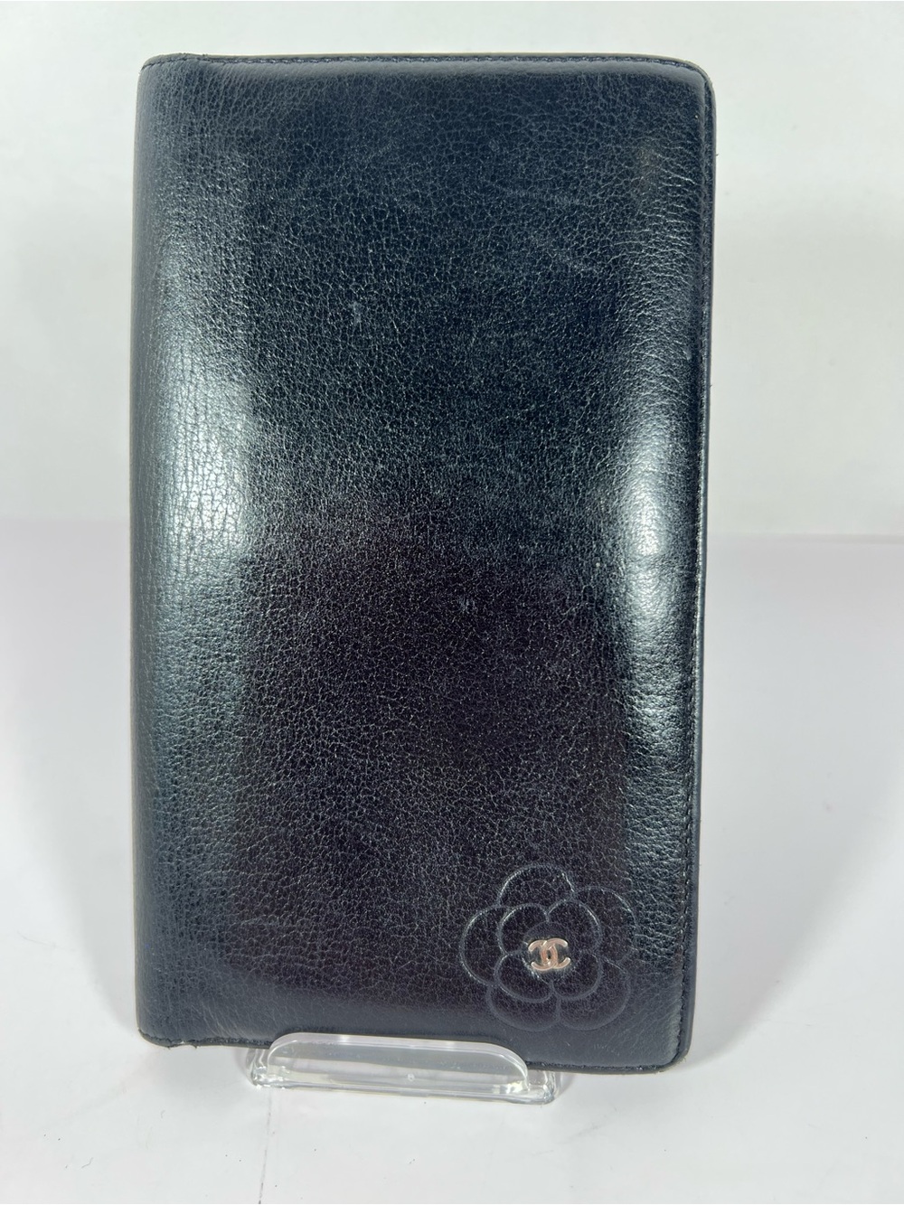 1240: Chanel Camellia CC Black Leather Long Wallet